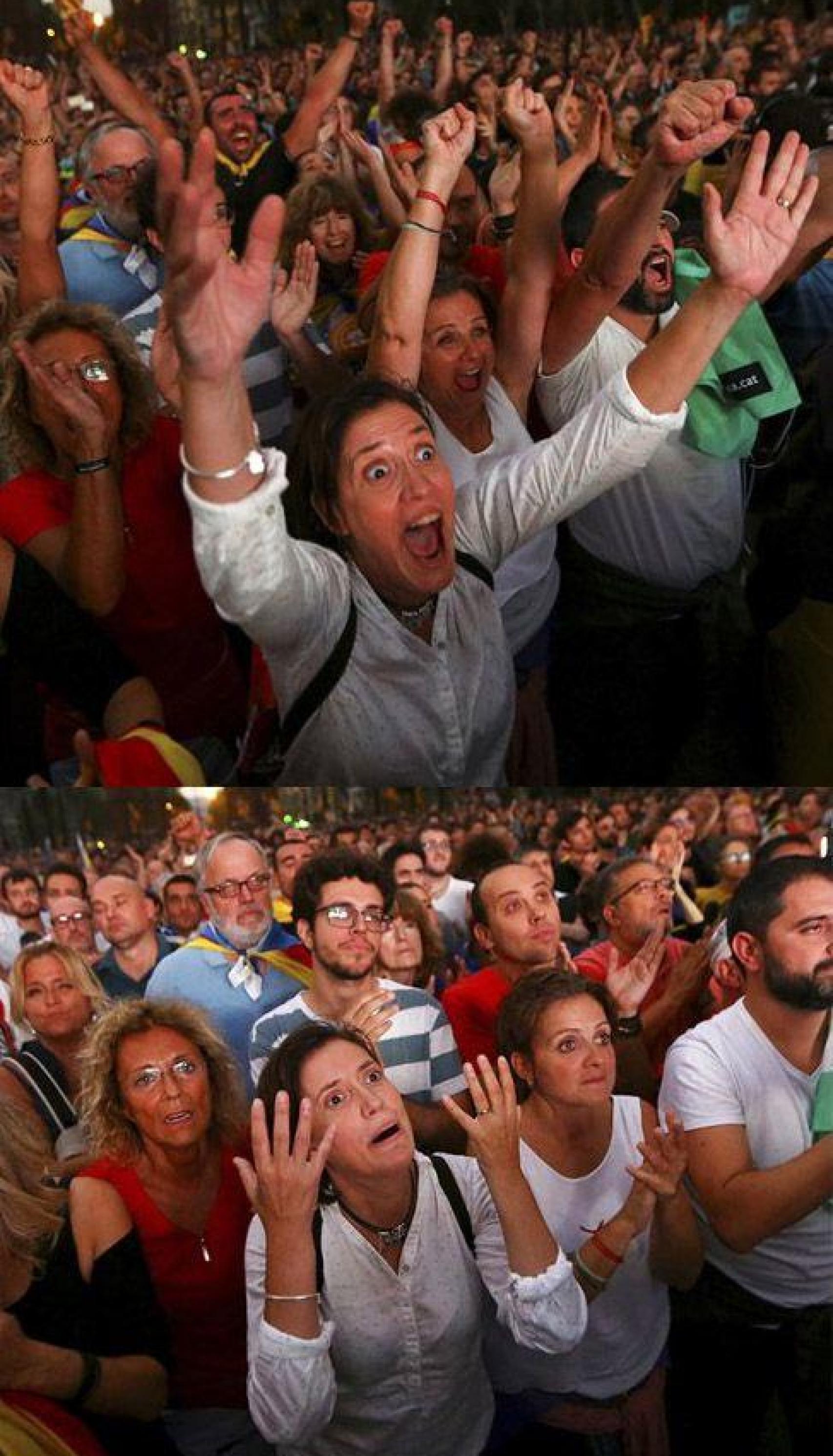 La multitud 'indepe' celebra la DUI y lamenta su suspensión, en el paseo Lluís Companys de Barcelona, el 10 de octubre de 2017.