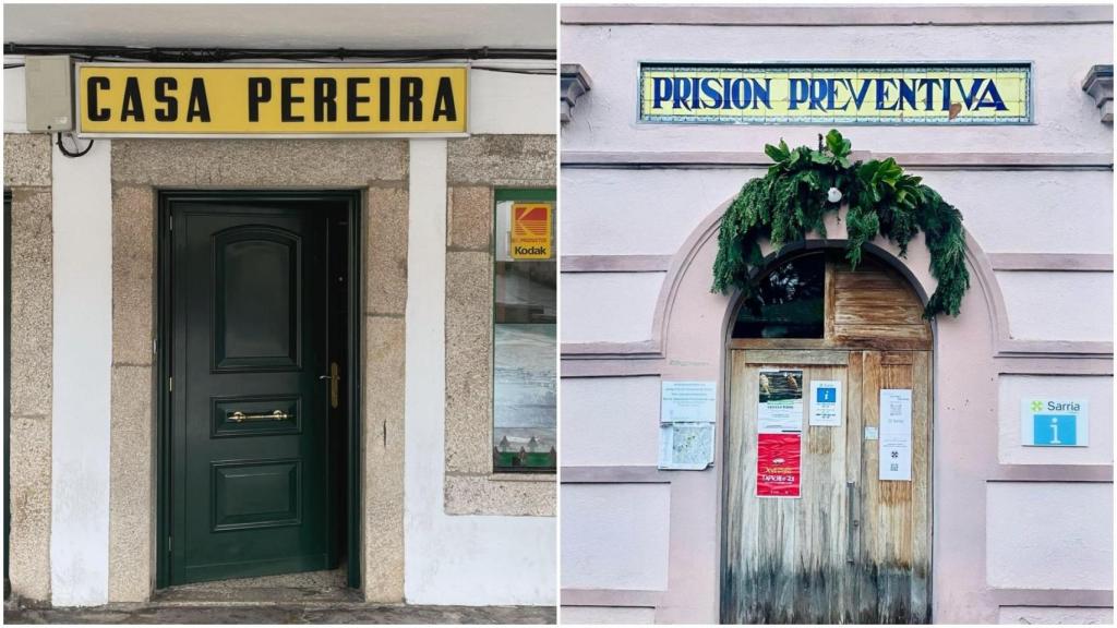 Letreros de la tienda de fotografía Casa Pereira en Portomarín y de la antigua cárcel de Sarria.