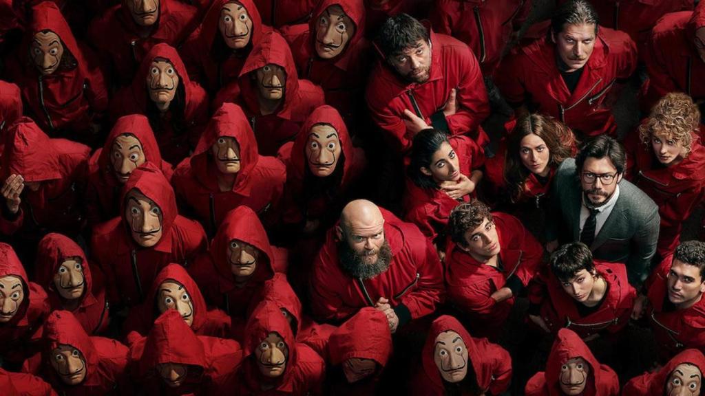 La Casa de Papel. Ladrones y rehenes con las mismas máscaras.