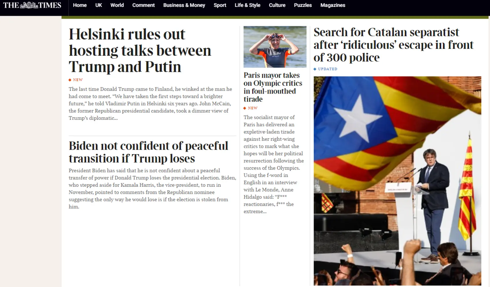 La noticia sobre el ridículo causado por la nueva figa de Puigdemont, en la portada de la edición digital de 'The Times'.