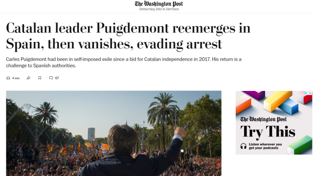 El regreso y fuga de Carles Puigdemont, este jueves en la prtada de 'The Washington Post'.