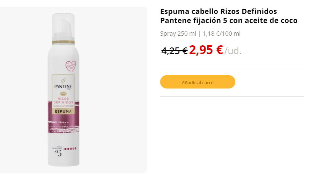 Espuma cabello rizos definidos Pantene fijación 5 con aceite de coco.