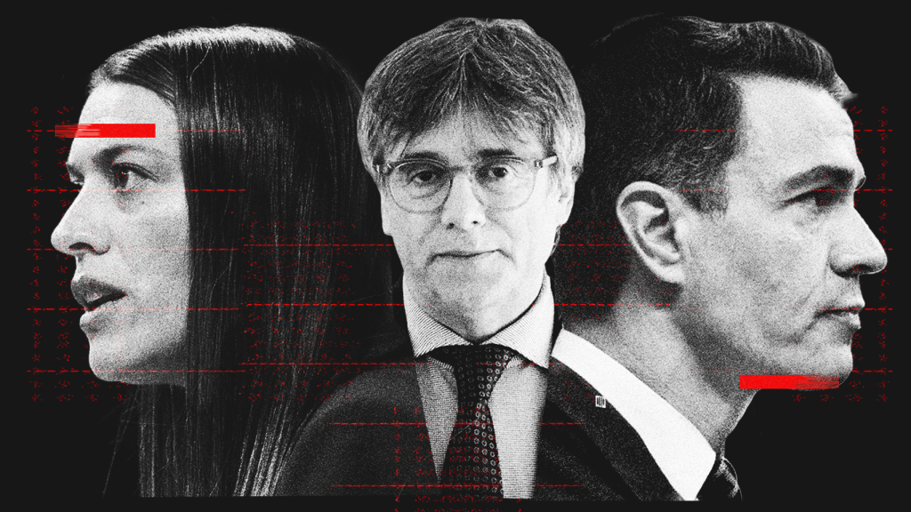 Míriam Nogueras, Carles Puigdemont y Pedro Sánchez.