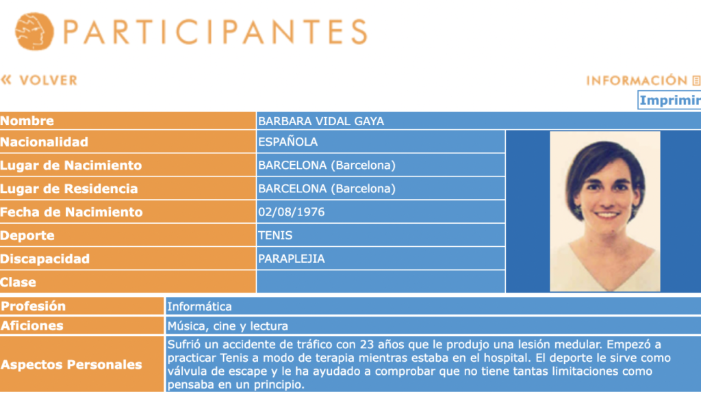 Ficha de Bárbara Vidal Gayà en el Comité Paralímpico Español