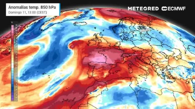 El mapa con las anomalías de temperaturas para el domingo.