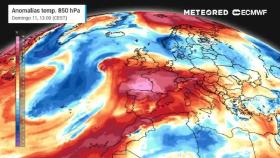 El mapa con las anomalías de temperaturas para el domingo.