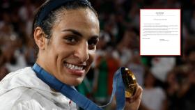 La boxeadora Imane Khelif junto a la denuncia que ha presentado en París.