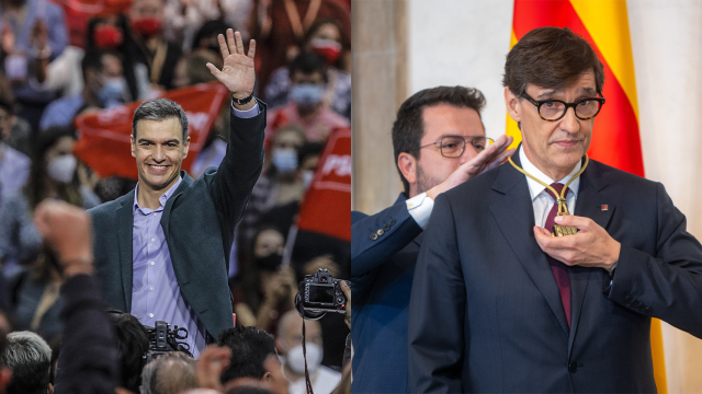 Pedro Sánchez en el 40 Congreso federal del PSOE celebrado en octubre de 2021 en Valencia y,  a la derecha, Pere Aragonès coloca a Salvador Illa, este sábado, la medalla de presidente de la Generalitat.