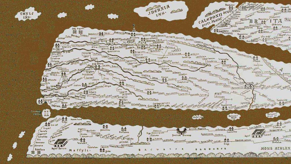 Reproducción del mapa de Hispania del siglo IV d.C. según la Tabula Peutingeriana.