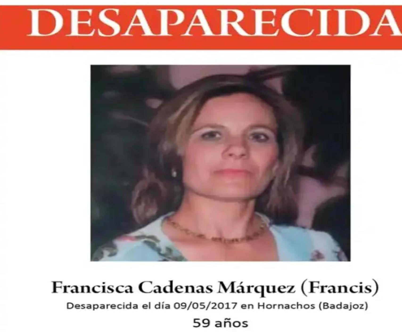 Cartel de la alerta de la desaparición de Francisca Cadenas de 59 años.