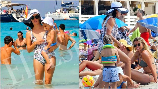 Xisca Perelló en dos momentos de su jornada playera con el pequeño Rafael en un fotomontaje. A la derecha aparece Maribel Nadal, hermana de Rafa.