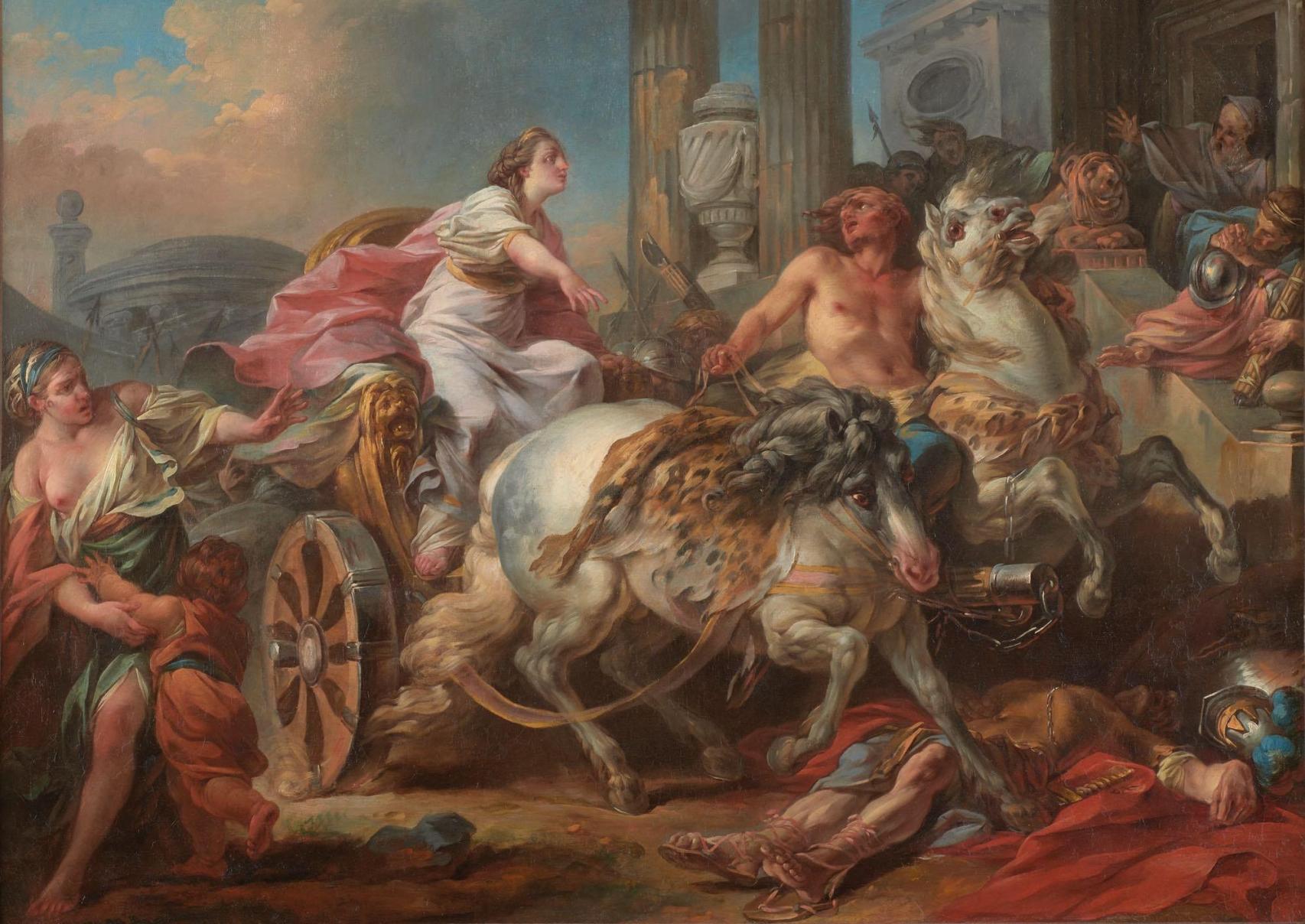 Jean Siméon Barthélémy: 'Tulia haciendo pasar su carro sobre el cuerpo de su padre', 1765. Museo de Bellas Artes de Orleans.