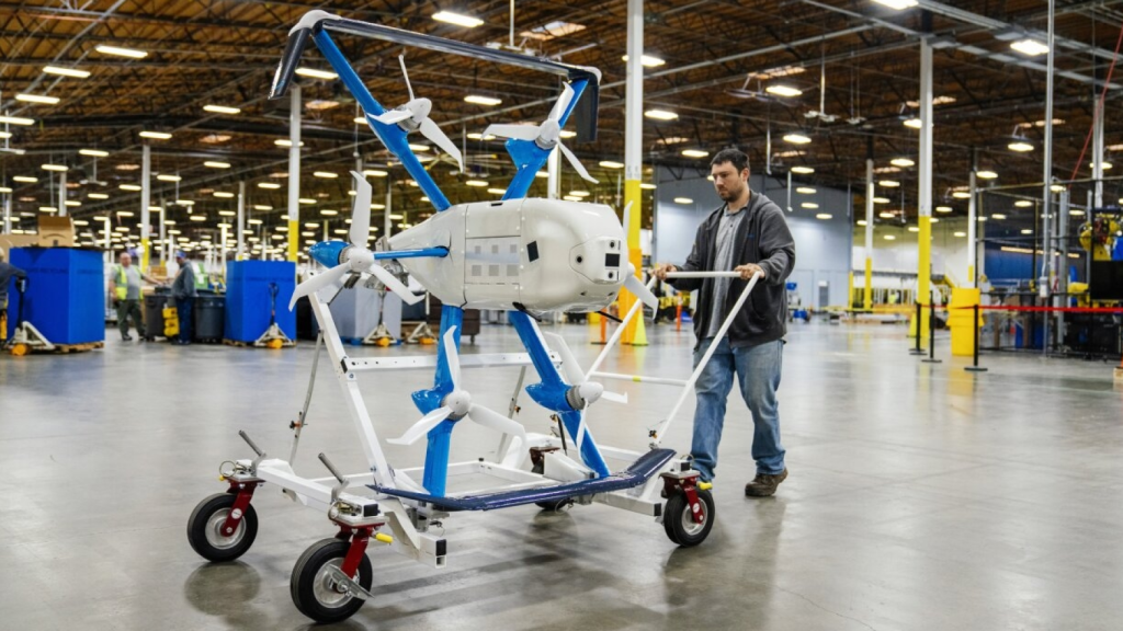 Dron de Amazon dentro del almacén