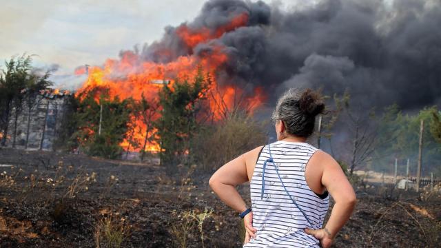 Medios aéreos y terrestres trabajan en la extinción de un incendio en Aldea de la Valdoncina (León)