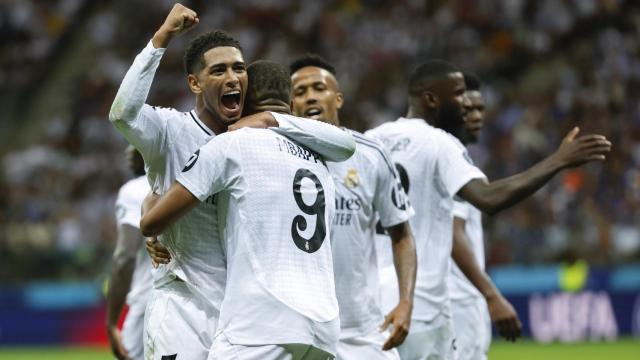 Bellingham y Mbappé celebran el gol del francés en la Supercopa.