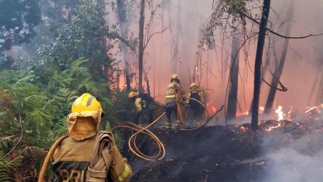 Bomberos en un incendio forestal de Ponteareas (Pontevedra)