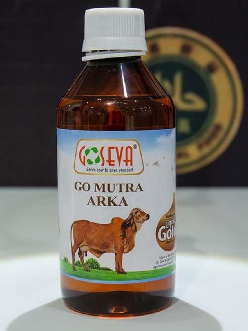 Un tarro de 'Gomutra', orina de vaca de la India.