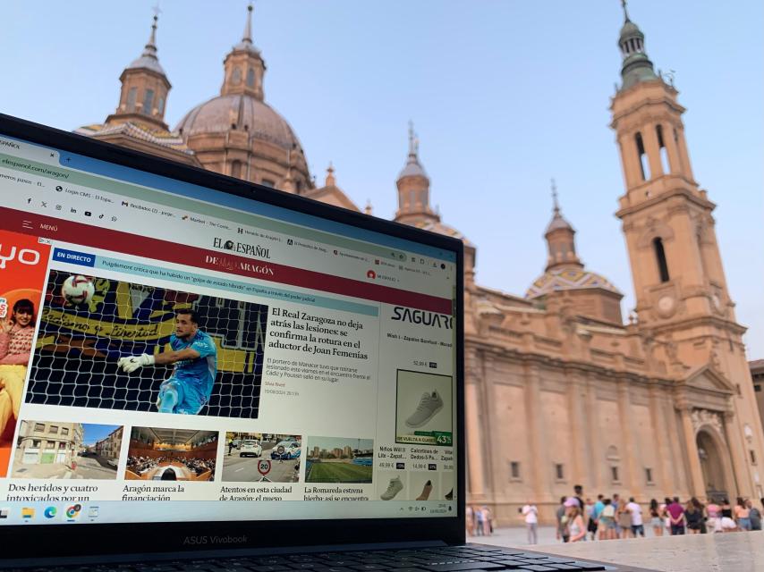 La portada de El Español de Aragón, con la basílica del Pilar de fondo