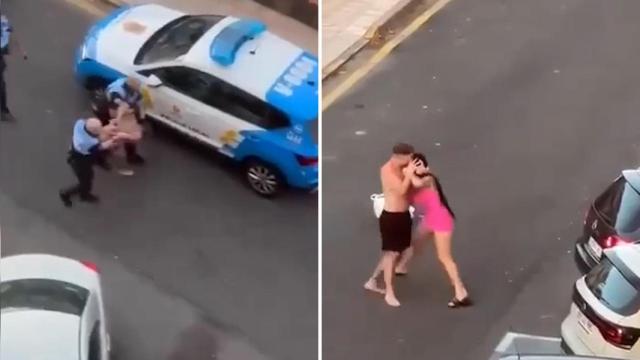 Mario esposado por dos policías locales en Tenerife, junto a otra imagen en la que agarra a su novia de la cabeza.