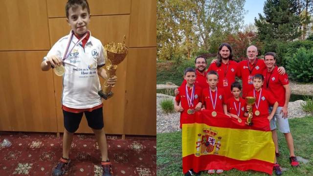 Pablo Guirado con su trofeo (a la izquierda) y la Selección Española de Ajedrez Rápido Sub-10 (a la derecha).