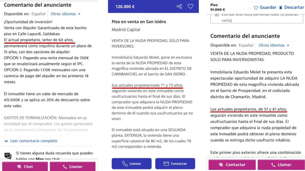 Capturas de diferentes anuncios en portales inmobiliarios en los que se pueden apreciar que los propietarios son cada vez más jóvenes.