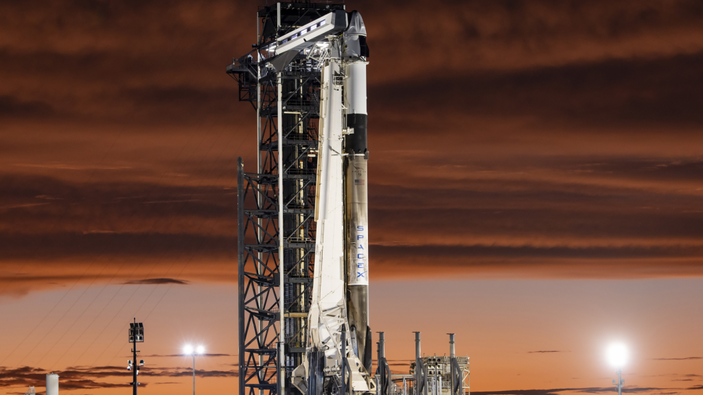 A Falcon 9 rocket awaits launch at Kennedy Space Center in Florida.