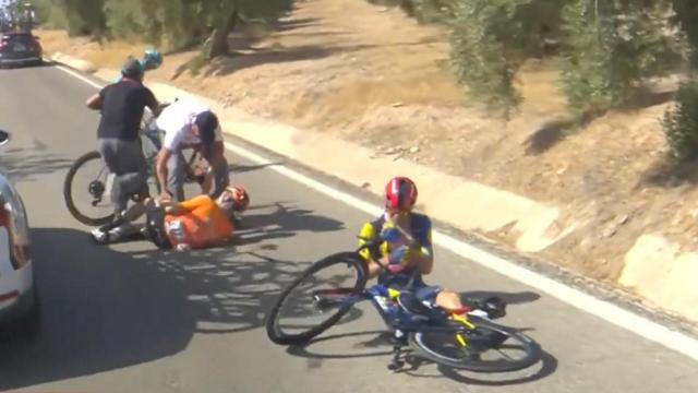 Txomin Juaristi y Giulio Ciccone en el suelo tras chocar contra unos corzos en La Vuelta 2024.