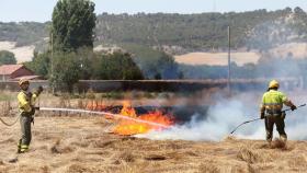 Dos bomberos trabajan en la extinción de un incendio en la provincia de Palencia en el mes de julio