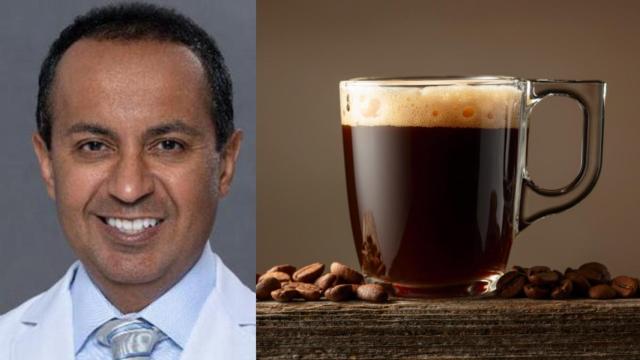 El cardiólogo Vivek Goswami y una taza de café.