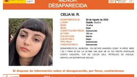 Buscan a Celia, una joven de 14 años desaparecida en Getafe: piden la colaboración ciudadana