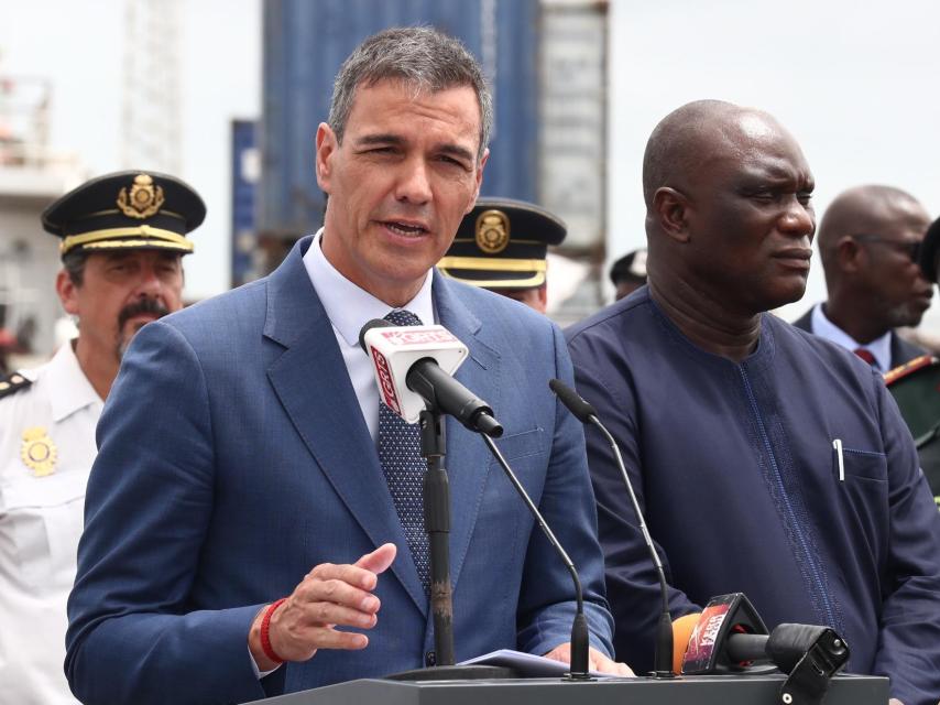 El presidente del Gobierno, Pedro Sánchez, ese miércoles durante su comparecencia en Gambia.