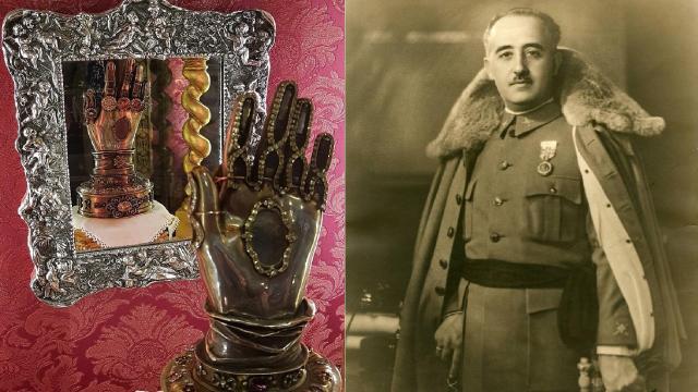 Montaje fotográfico de la mano incorrupta de Santa Teresa y un retrato de Franco.