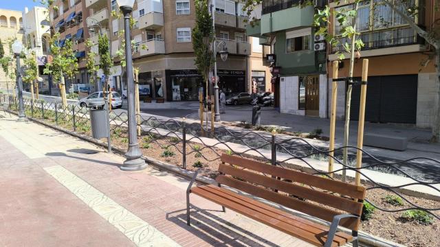 Una de las zonas de bancos de la avenida Marvá con los nuevos árboles.