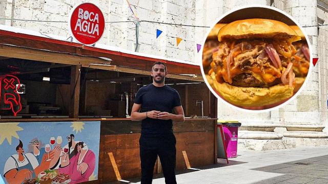 Álvaro en la caseta de La Boca Agua y una de las hamburguesas