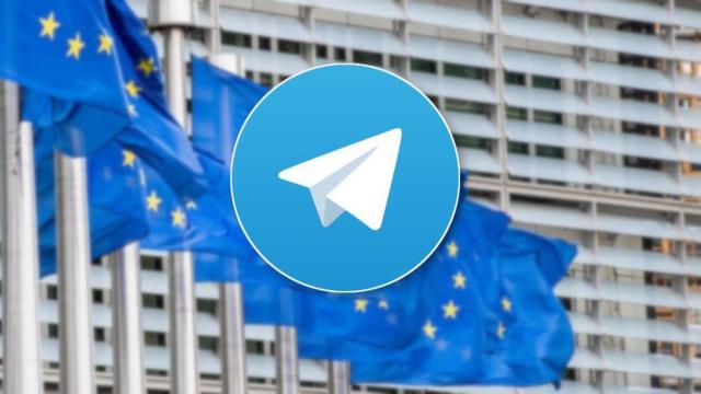 Logo de Telegram con las banderas de la UE de fondo