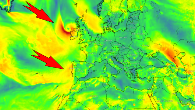 La aproximación tanto de la borrasca (norte) como de los vientos húmedos impulsados por la DANA. Meteored.