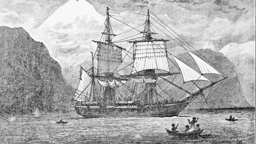 Ilustración de 1900 sobre el 'HMS Beagle' cruzando el estrecho de Magallanes.