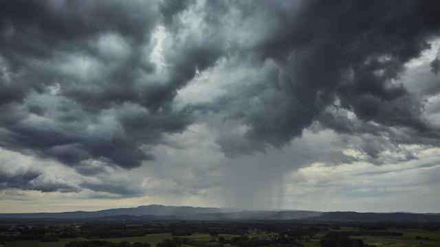 Lluvias sobre plantaciones de cosechas de patata, a 6 de junio de 2023, en A Limia, Ourense, Galicia (España)