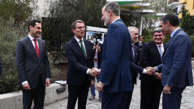 Pedro Sánchez y el Rey Felipe VI saludan a los presidentes autonómicos, entre ellos el gallego, Alberto Núñez Feijóo, en la XXVI Conferencia de Presidentes (La Palma).