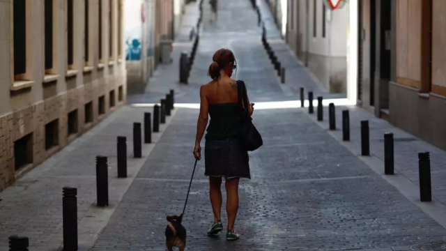 Una chica pasea a su perro por una calle del centro de Madrid.