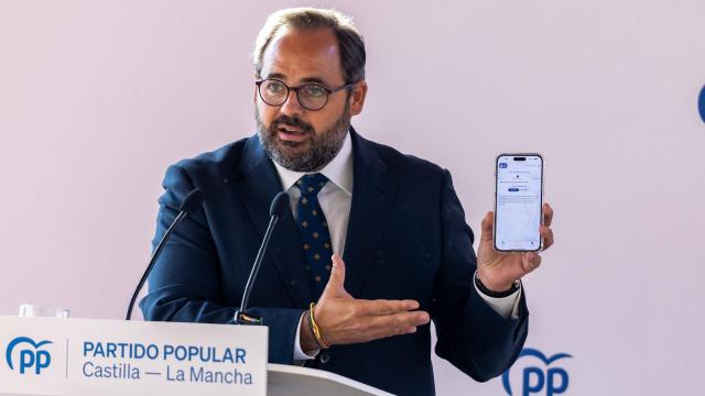 Paco Núñez, presidente del PP de Castilla-La Mancha, este lunes en un acto en Toledo. Fotos: Javier Longobardo.