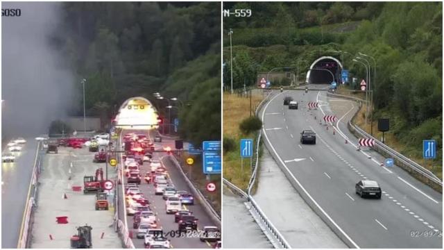 Imagen del túnel de O Folgoso a última hora de ayer y esta mañana.