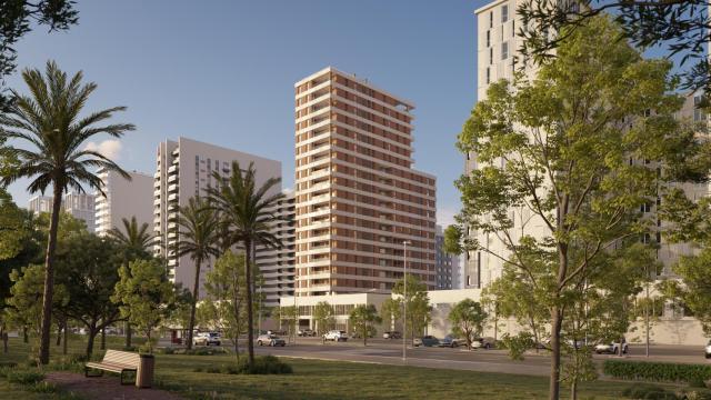 La promoción Barocci de AEDAS Homes en Valencia, frente al Hospital de La Fe, desde la Avenida Fernando Martorell. AEDAS Homes