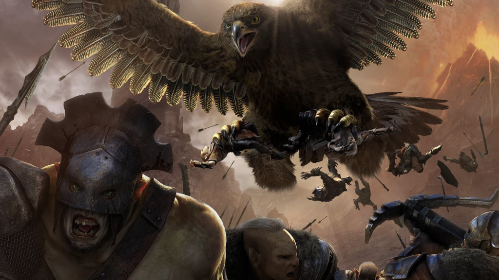 An Eagle attacks some orcs