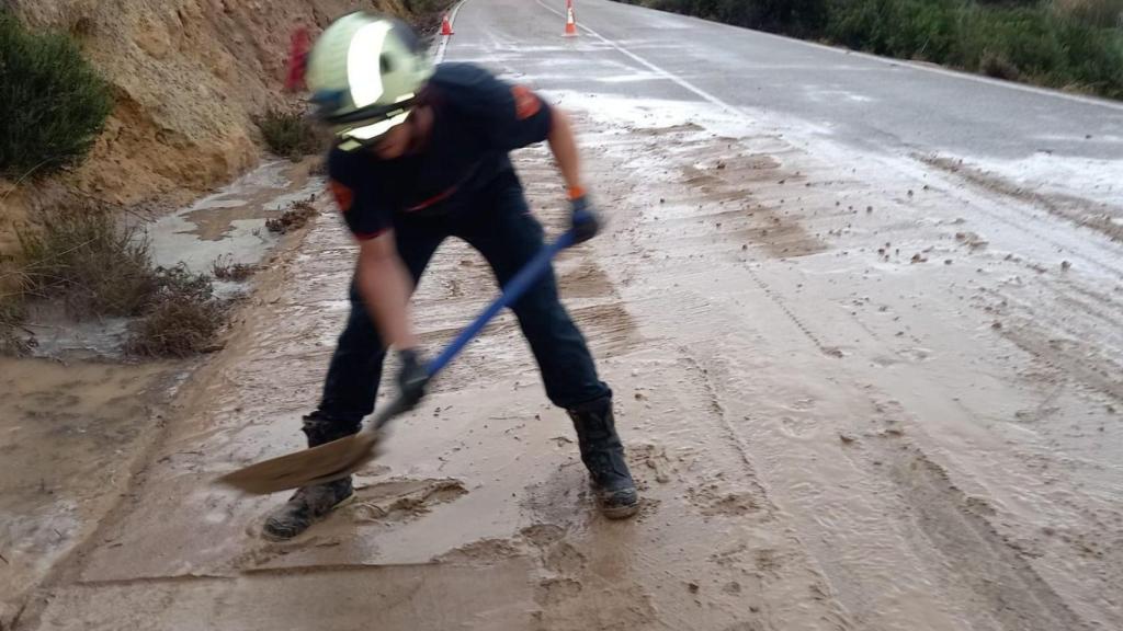 Los Bomberos de la DPZ trabajan en la limpieza de  la carretera CV-103 en Fayón