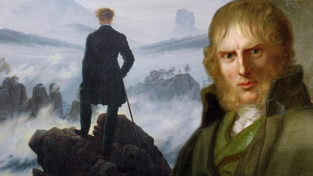 Caspar David Friedrich: 'El caminante sobre el mar de nubes', 1817. A la derecha, retrato de Friedrich pintado por Gerhard von Kügelgen hacia 1808.