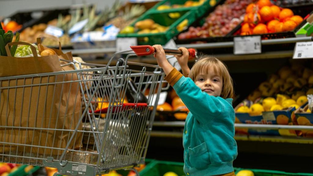 Niño pequeño haciendo la compra en un supermercado.