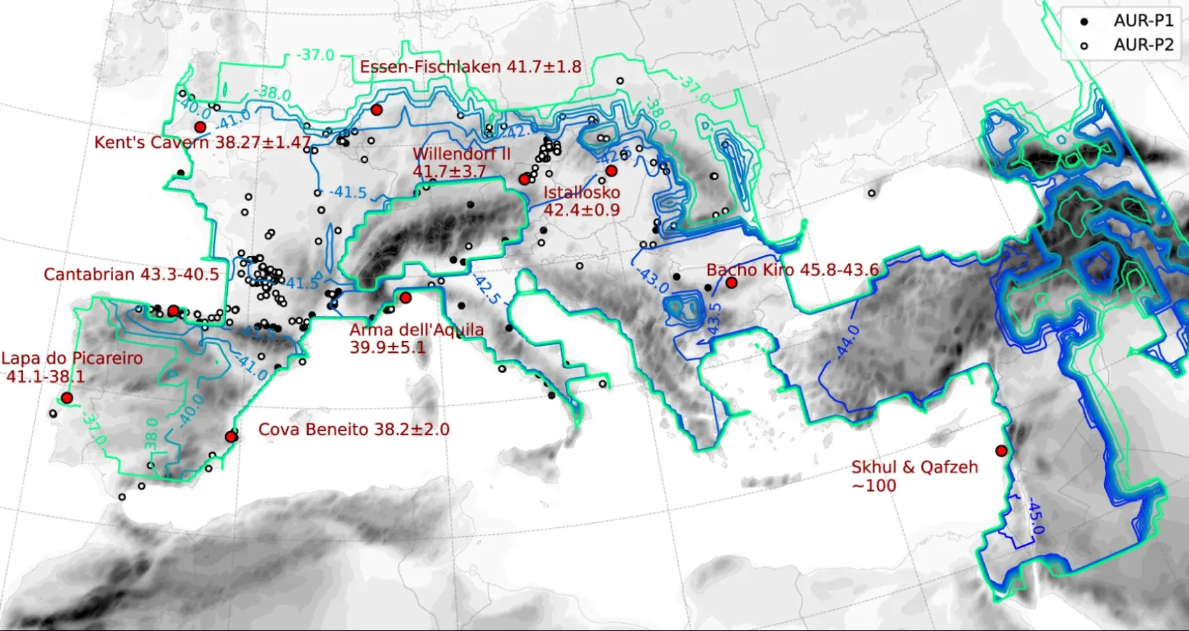 Mapas con los sitios arqueológicos y su datación empleados para elaborar el modelo.