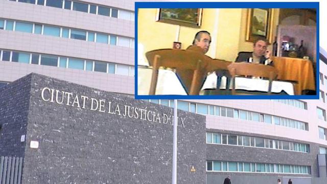 Una de las imágenes captadas de Ángel Fenoll y Jesús Ferrández de la investigación policial, sobre un fondo de la Audiencia Provincial de Alicante con sede en Elche.