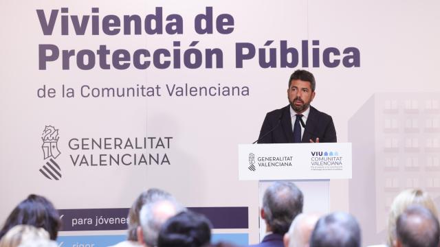 El 'president' de la Generalitat, Carlos Mazón, en la presentación del nuevo decreto de vivienda de protección pública de la Comunitat Valenciana. EE